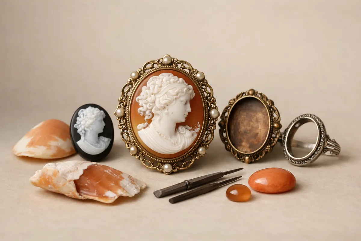 Editorial checklist image for cameo jewelry showing visible clues and comparison notes.