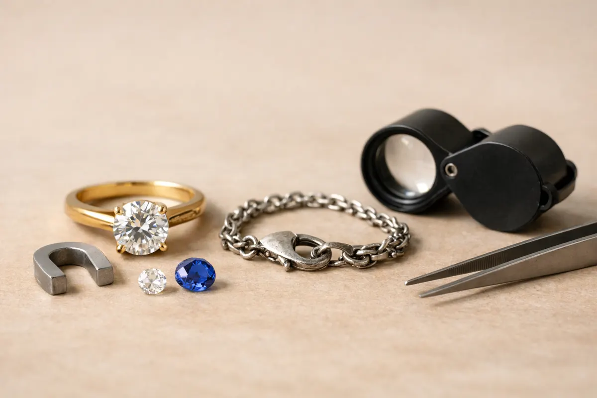 Jewelry close-up checklist showing stamps, clasp wear, metal color, stone setting, magnet caution, and jeweler verification