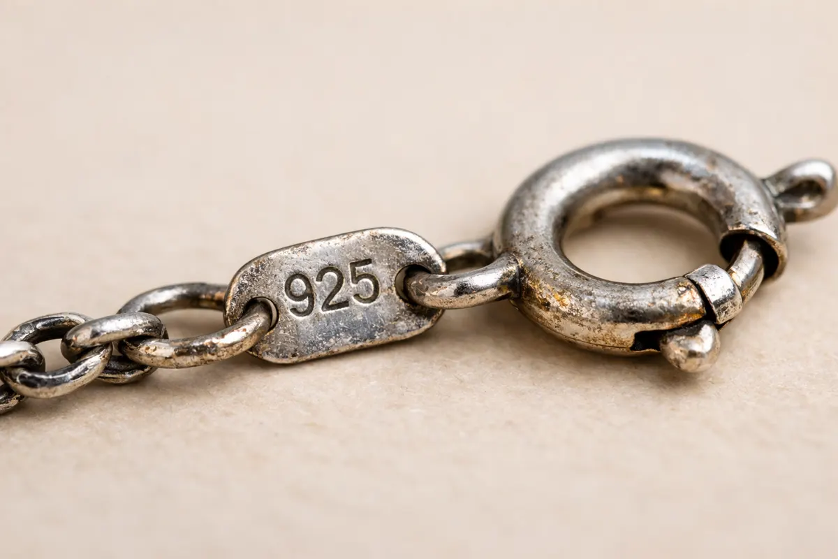 Close jewelry stamp photo with visible 925 mark, clasp, metal finish, and plating-wear clues