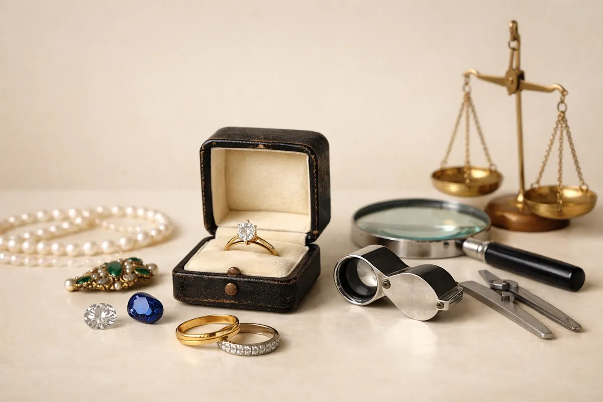 Editorial visual checklist for jewelry appraisal with grouped clues and example details.